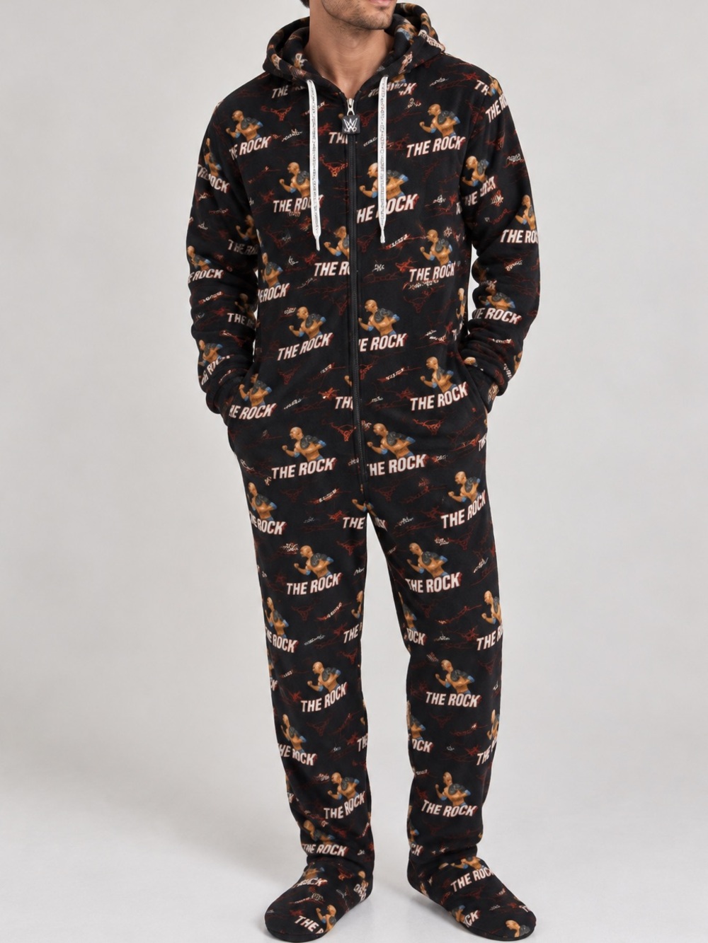 WWE The Rock Jumpin Jammerz Footed Fleece Onesie Pajamas Mens S Dwayne Johnson